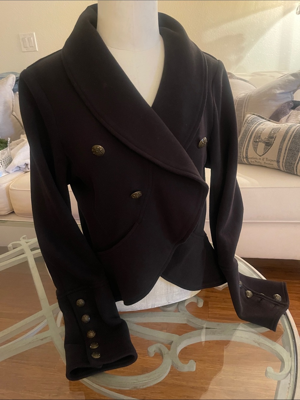 Free People Black Double-Breasted Shawl Collar Pea Coat